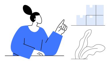 Woman gesturing toward stacked boxes, implying organization. Indoor plant accenting environment. Ideal for business management, logistics, planning, minimalism, efficiency teamwork workflow. Clear
