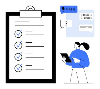 Large clipboard with checklist, woman holding tablet, speech bubble icons, binary code. Ideal for productivity, communication, time management, digital tools, collaboration planning simple landing
