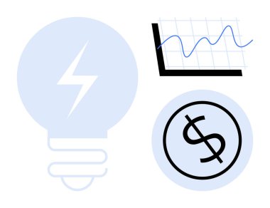 Light bulb with lightning symbol, upward graph, and dollar sign. Ideal for innovation, finance, business strategy, entrepreneurship, analytics success and energy solutions. Clean flat metaphor