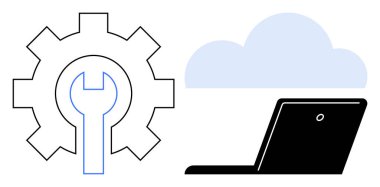 Gear with wrench, cloud, and laptop representing cloud computing, software tools, and IT services. Ideal for technology, IT support, innovation, software data efficiency simple flat metaphor