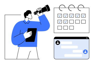 Person holding telescope and tablet near calendar with checked tasks and chat window. Ideal for teamwork, productivity, task management, planning, goal setting, communication, simple landing page