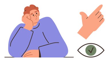 Person resting head on hand in contemplation with gesture symbolizing idea generation and eye icon with a checkmark denoting verification. Ideal for decision-making, introspection, creativity