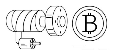 Mining hardware setup with cylindrical equipment and Bitcoin logo, representing cryptocurrency extraction. Ideal for finance, technology, blockchain, data systems, innovation, business, futuristic