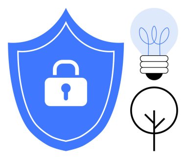 Blue shield with lock emblem, lightbulb with sprouting leaves, and minimalist tree outline. Ideal for security, innovation, eco-awareness, technology, nature conservation, protection simple flat