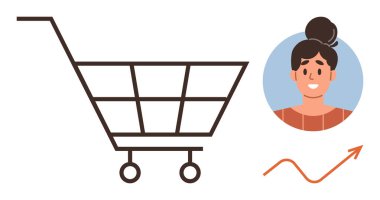 Shopping cart beside happy customer avatar and upward graph. Ideal for e-commerce, consumer behavior, marketing, online shopping, retail, sales trends, purchasing habits. Clean flat metaphor