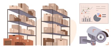 Shelves filled with labeled boxes, a mounted security camera, and a data analytics chart emphasize organization, security, and resource planning. Ideal for logistics, inventory, retail, security