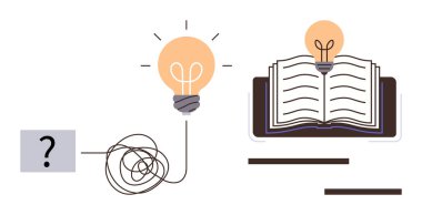 Tangled wire with a question mark, transitioning to a light bulb and an open book. Ideal for education, problem-solving, innovation, creativity, critical thinking, learning, and enlightenment themes