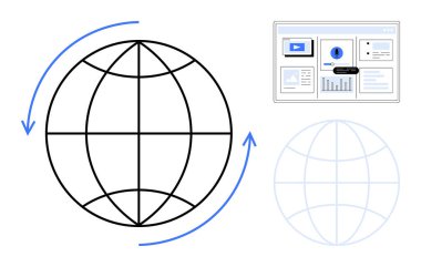 Globe with rotating arrows beside a dashboard containing charts, graphs, and analytics. Ideal for global communication, data sharing, analytics, network, technology innovation education. Simple