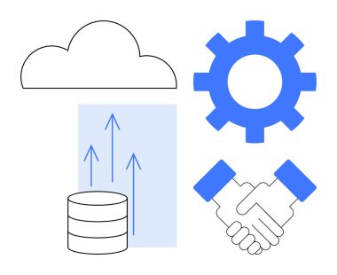 Cloud, gear, data storage with upward arrows, and handshake emphasize teamwork, data management, innovation, and efficiency. Ideal for technology, operations cloud solutions teamwork