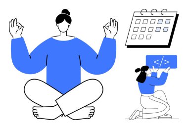 Person meditating in lotus pose, calendar for organizing, individual coding on laptop. Ideal for wellness, mindfulness, productivity, work-life balance, time management, scheduling simple landing