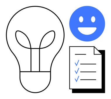 Light bulb for innovation, smiling face for positivity, and checklist for task completion. Ideal for ideas, motivation, productivity, business planning, success, happiness simple landing page