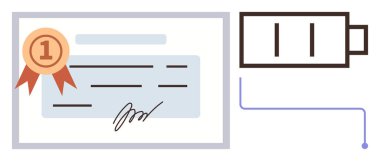 Document with a number-one medal and signature beside a connected charging battery. Ideal for success, education, growth, recognition, persistence, achievement, motivation. Simple flat metaphor