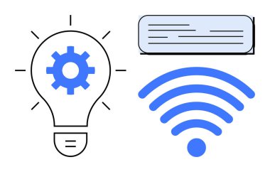 Lightbulb with gear, air conditioner, and wireless signal representing technology, innovation, and connectivity. Ideal for automation, IoT, smart living, gadgets energy comfort simple flat