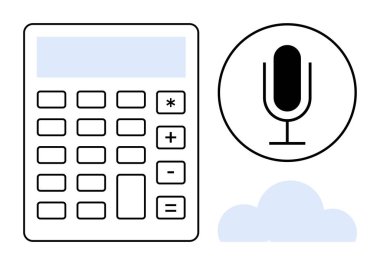 Calculator with tactile buttons, microphone suggesting voice commands, and cloud symbolizing storage or connectivity. Ideal for technology, voice control, cloud service, innovation, accounting