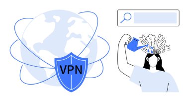 Earth with a VPN shield illustrating security. Person watering flowers from their head signifies growth and ideas. Ideal for technology, security, education, innovation, mental health, creative