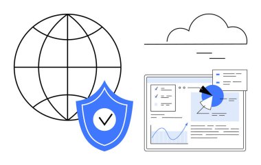 Globe, shield with checkmark, cloud, and analytics dashboard representing data security, online privacy, global connectivity, cyber protection, cloud computing, business insights simple landing page