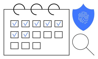 Calendar marked with checkmarks, blue security shield with fingerprint, and magnifying glass. Ideal for scheduling, security, privacy, task planning, organization, productivity simple flat metaphor