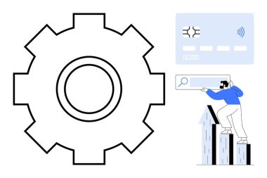 Large outlined gear, credit card with chip and contactless icon, individual climbing growth arrows holding search bar. Ideal for innovation, process optimization, technology, growth strategy