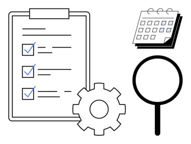 Task checklist with completed items, calendar, magnifying glass, and gear symbolizing planning, analysis, and systems. Ideal for project management, productivity, workflow goal-setting