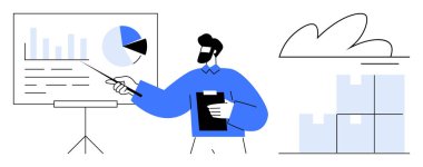 Man showing statistical presentation with pie and bar chart, holding clipboard. Boxes stacked represent supply chain. Ideal for business, logistics, planning, education, strategy, teamwork analysis