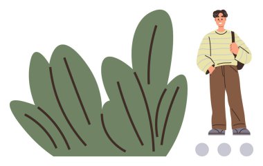 Young man in striped sweater carrying a shoulder bag beside large green foliage. Ideal for lifestyle, nature, fashion, outdoor leisure, youth identity, casual living, minimalism. Simple flat metaphor