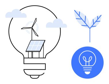 Lightbulb with solar panel and wind turbine inside, blue leaf, clouds, and energy symbol. Ideal for renewable energy, sustainability, eco-technology, green power, innovation clean energy simple