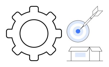 Gear, dart hitting target, and a warehouse represent strategy, productivity, logistics, goal alignment, and supply chain. Ideal for business planning efficiency success achievement teamwork. A