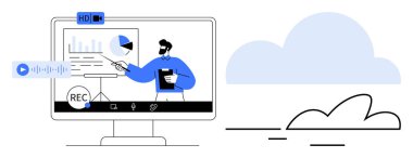 Person presenting data charts displayed on a video conferencing screen with recording features, framed by a cloud icon. Ideal for remote work, education, teamwork, technology, cloud storage