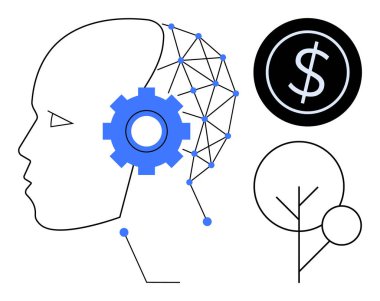 Geometric human head with neural nodes, blue gear, money icon, and tree. Ideal for artificial intelligence, innovation, finance, research automation growth sustainability. Simple flat metaphor