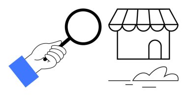 Hand holding magnifying glass focusing on small shop with awning and simple scenery. Ideal for local business analysis, customer discovery, retail strategy, small business, e-commerce, market