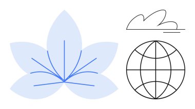 Minimalist lotus flower, geometric globe, and abstract cloud lines emphasize nature, harmony, sustainability, global connections, mindfulness, environmental awareness and innovation. Ideal
