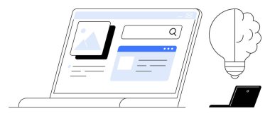 Laptop screen displaying a webpage with images and search bar alongside a lightbulb and smaller laptop. Ideal for creativity, brainstorming, technology, research, innovation, design, education
