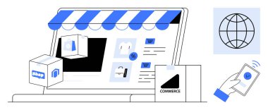 Digital storefront on a laptop, packaging boxes, payment via smartphone, and a globe icon. Ideal for e-commerce, online shopping, global trade, digital business, delivery mobile payment simple flat