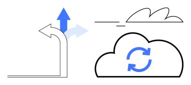Arrows indicating data upload and transfer into a cloud with a synchronization icon. Ideal for technology, cloud computing, networking, data management, efficiency, innovation, collaboration themes