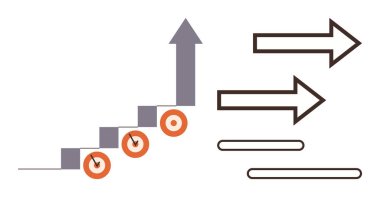 Stepped growth chart with targets on each step, upward arrow symbolizing goals bold forward arrows highlighting progress and movement. Ideal for growth, goals, planning, strategy, success path
