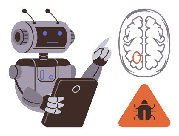 Robot analyzing brain scan with tablet while pointing out error in highlighted section. Bug warning in triangular icon below. Ideal for AI, diagnostics, healthcare, error detection, robotics, data