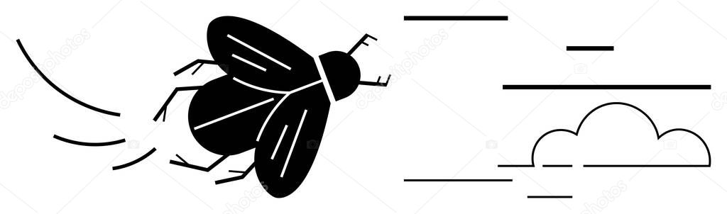 Black silhouette of a flying insect with minimalistic wind streaks and a simple cloud outline. Ideal for ecology, motion, wildlife, nature, speed, energy, and simple landing page