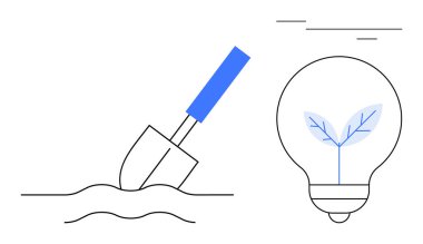 Spade digging soil next to light bulb featuring a sprouting plant. Ideal for innovation, growth, sustainability, eco-friendly solutions, renewable energy, agriculture, creativity. Minimalistic flat