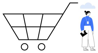 Giant shopping cart with grid design and wheels next to a woman holding a tablet in blue and white. Ideal for retail, e-commerce, customer experience, innovation, marketing, technology