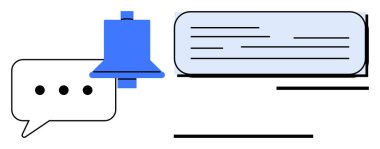 Speech bubble with text lines and blue bell icon symbolizing alerts, notifications, messaging systems. Ideal for communication, reminders, updates, interactions, social media, apps simple flat