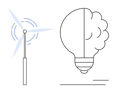 Wind turbine spinning next to a brain-shaped lightbulb, combining sustainability and innovation. Ideal for energy, creativity, innovation, brainstorming, eco-friendly technology, renewable resources