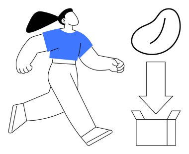 Confident woman walking with flowing hair, abstract floating shape, box, and downward arrow. Ideal for delivery, creativity, movement, direction progress solutions organization. Simple flat