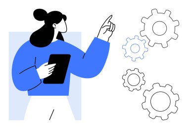 Woman holding tablet points at interlinked gears, representing collaboration, technology, and progress. Ideal for teamwork, process, innovation, business, strategy technology and simple landing page
