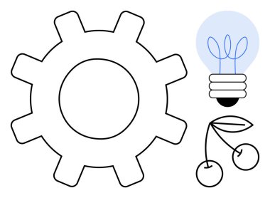 Gear, light bulb with glowing effect, cherry pair. Ideal for innovation, creativity, productivity, nature, mechanics energy minimalism. A simple flat metaphor