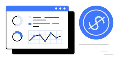 Analytics dashboard with charts, graphs, and dollar icon displaying financial metrics. Ideal for business, finance, investment, budgeting, technology economy and data-driven decision-making. A