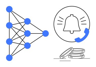 Neural network diagram, alert bell with a phone, and coin stacks symbolize AI systems, notifications, and financial technology. Ideal for AI, communication, fintech, innovation economics data