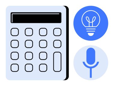 Calculator alongside lightbulb and microphone symbols suggesting concepts of calculation, innovation, and communication. Ideal for technology, education, finance, brainstorming, problem-solving