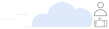 Large cloud with motion lines, person icon, and thumbs-up gesture. Ideal for cloud computing, user feedback, networking, data storage, technology, positive actions simple landing page