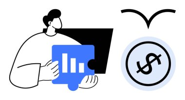 Person holding blue puzzle piece with bar graph, black screen in background, coin with dollar sign, upward growth design. Ideal for finance, strategy, business, success, analysis innovation flat