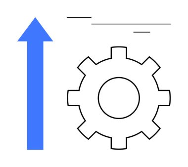 Blue upward arrow with a black gear symbolizing progress, innovation, development, and operational efficiency. Ideal for growth, success, productivity, strategy, teamwork engineering